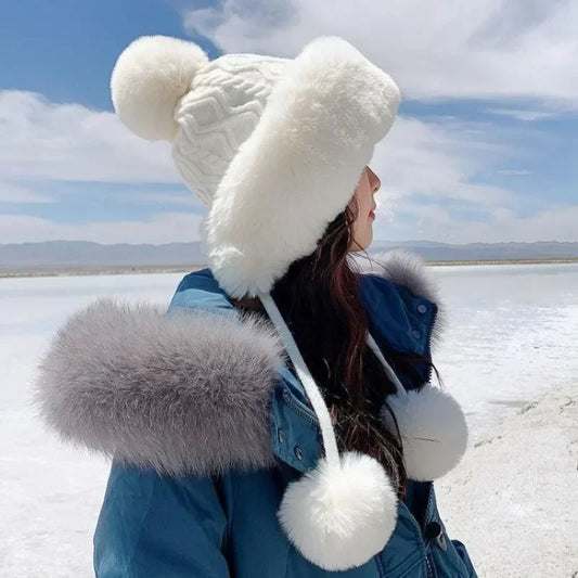 Amoura Elegance Women’s Imitation Rabbit Fur Thermal Winter Hat – Cute Thick White Plush Hat with Fluffy Ball and Earflaps