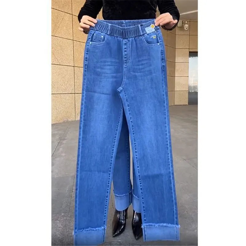 Women's Spring & Autumn Stretch Waist Straight Denim Pants – Large Size, Loose High-Waist Casual Jeans in Black & Blue | Amoura Elegance