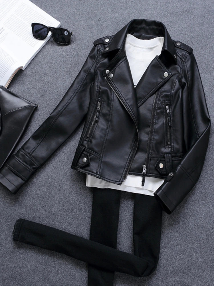 Amoura Elegance Korean Slim PU Leather Motorcycle Jacket – Women’s Short Coat for Spring, Autumn & Winter