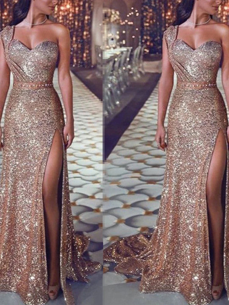 Amoura Elegance European & American Women's Sexy One-Shoulder Sleeveless Gold Slit Long Dress