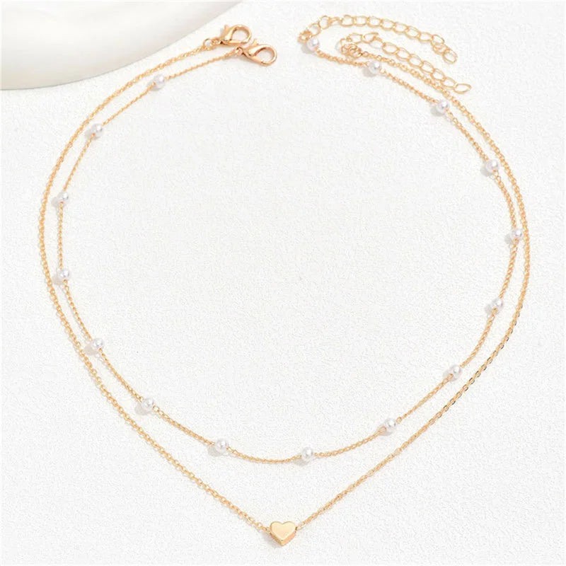 "AmouraElegance Simple Pearl Choker Necklace for Women | Fashion Double Layer Chain with Small Love Heart Pendant | Wholesale Jewelry Gift"