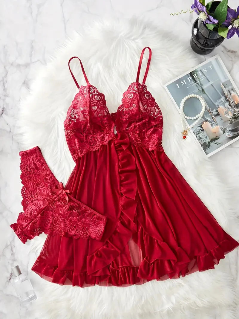 Amoura Elegance |Contrast Lace Ruffle Trim Lingerie Set - Deep V Slip Dress & Thong | Amoura Elegance