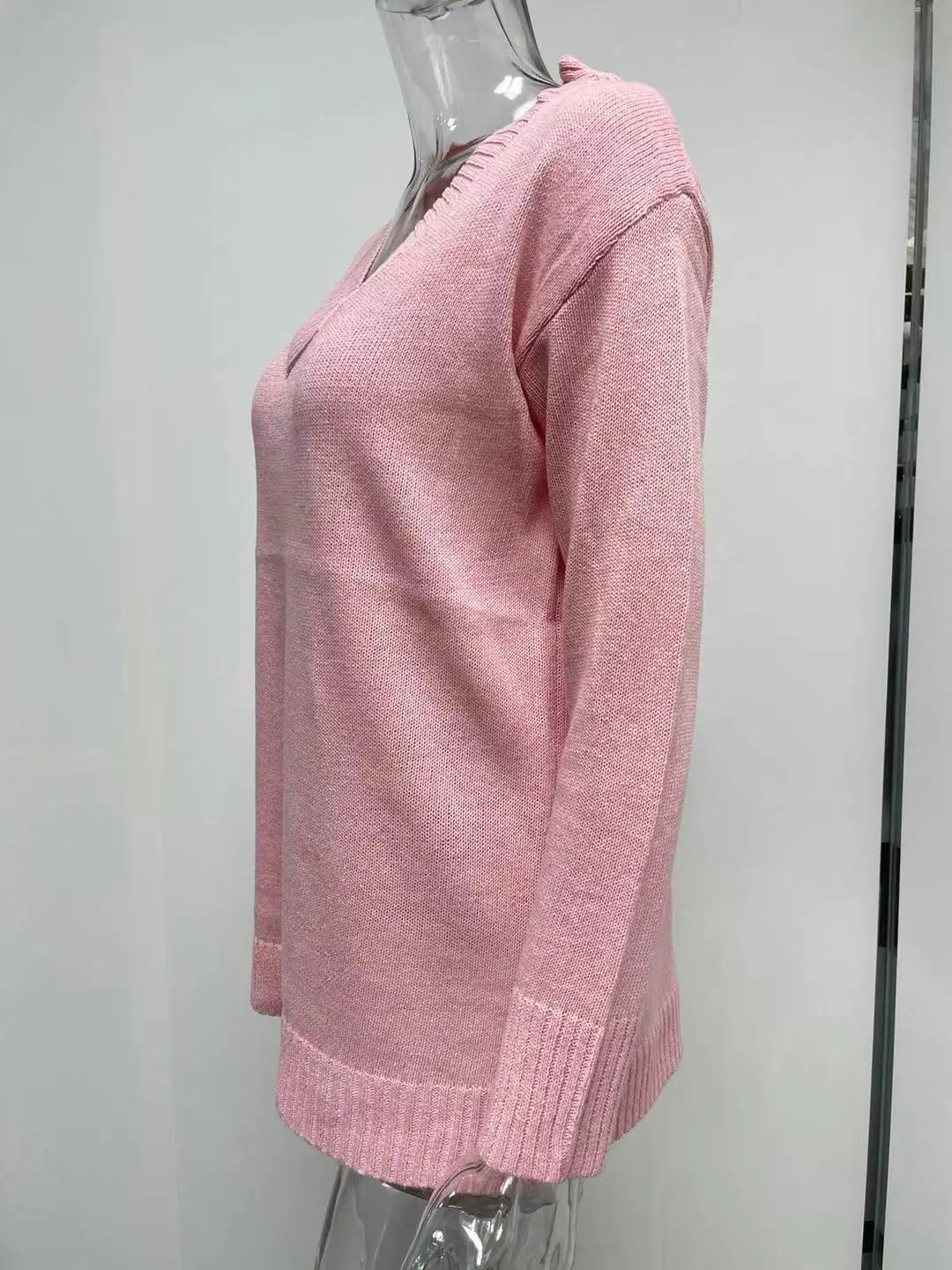 Amoura Elegance Fashion Europe and US 2024 Autumn/Winter Solid Color V-Neck Sweater Blouse – Casual Loose Fit Women's Top
