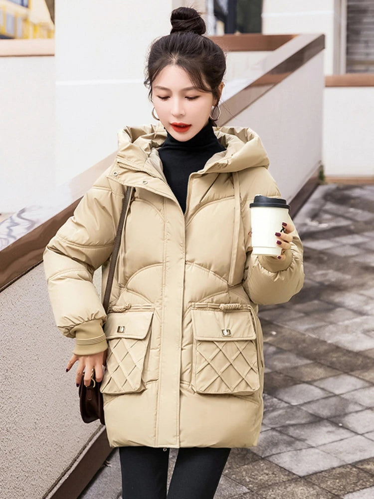 Amoura Elegance Women's 2024 Hooded Parka Winter Jacket – Thick Cotton Padded Long Warm Coat for Winter Weather