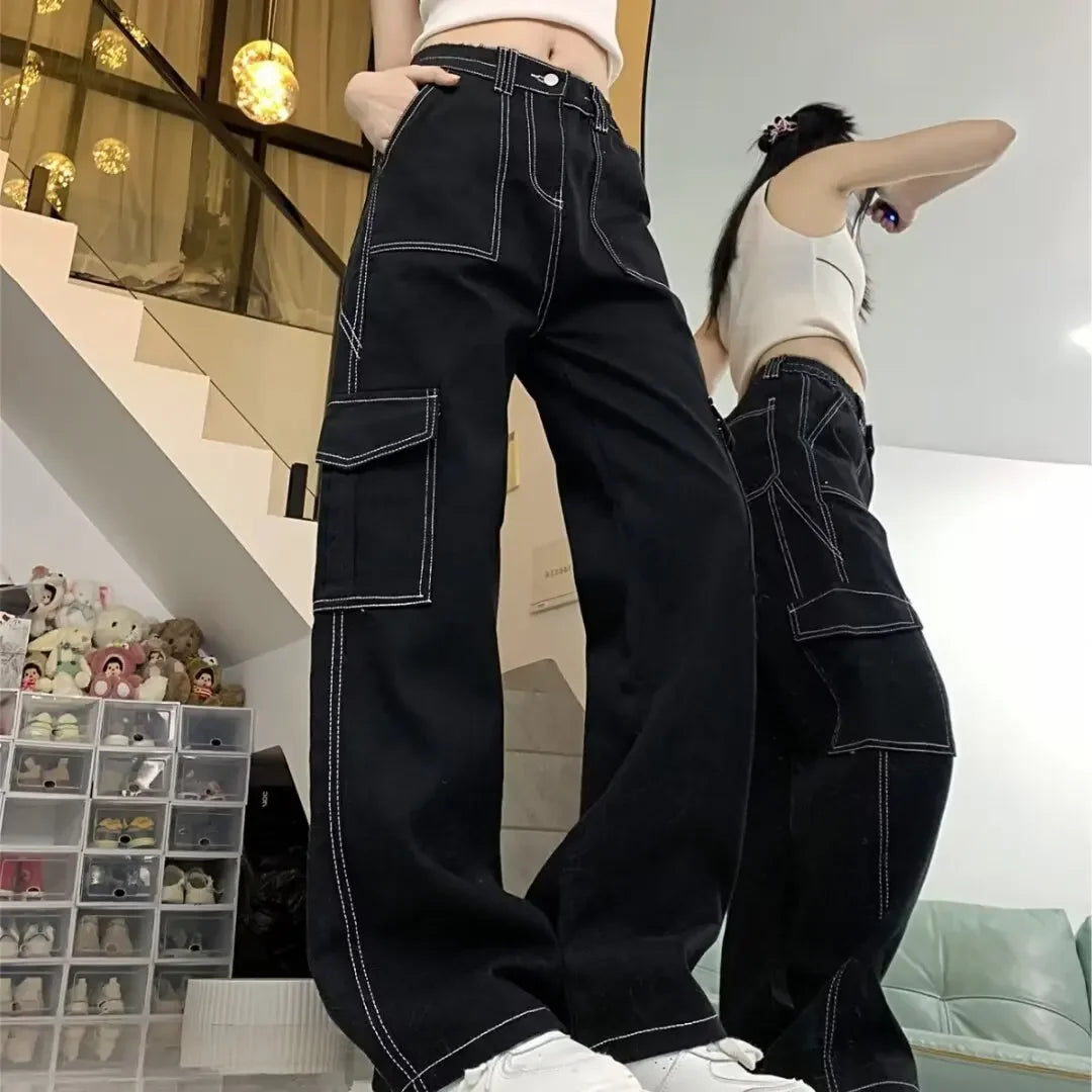 Amoura Elegance Women's 2024 Straight-Leg Loose-Fit High-Waisted Cargo Pants – Slimming, Petite-Friendly Wide-Leg Design for Spring & Autumn/Winter