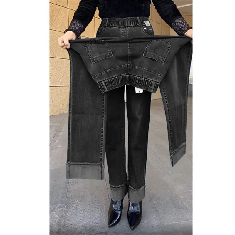 Women's Spring & Autumn Stretch Waist Straight Denim Pants – Large Size, Loose High-Waist Casual Jeans in Black & Blue | Amoura Elegance