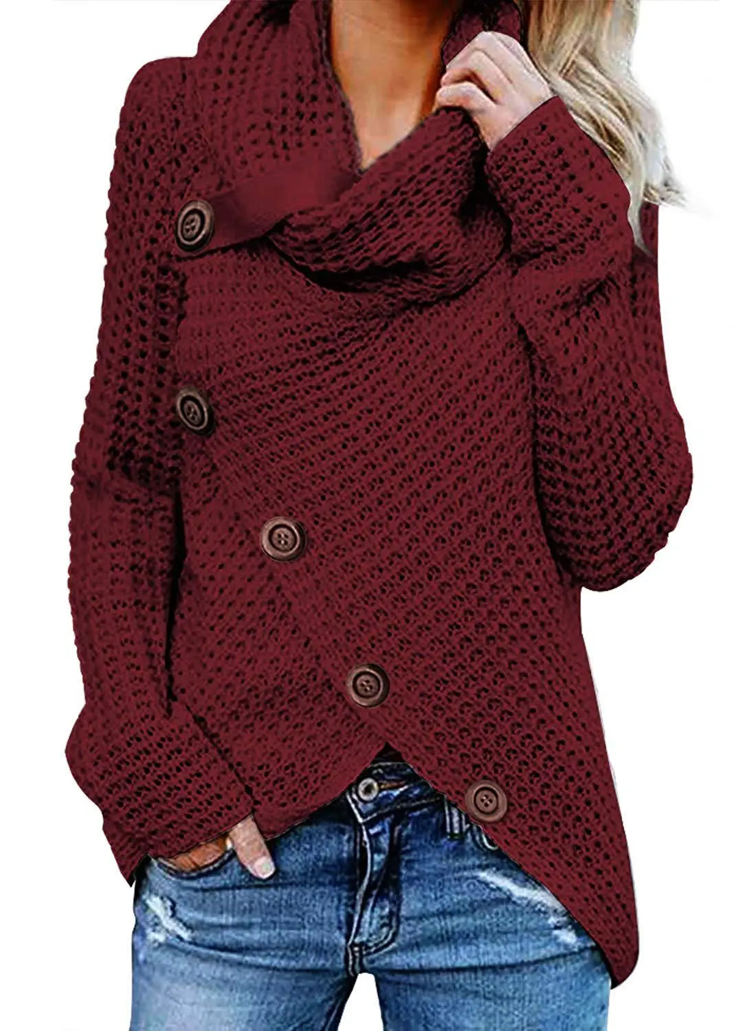 "Amoura Elegance Women's Turtleneck Knitted Sweater Autumn/Winter – Long Lantern Sleeve Five-Button Cardigan Coat, Oversized Fit S-5XL"