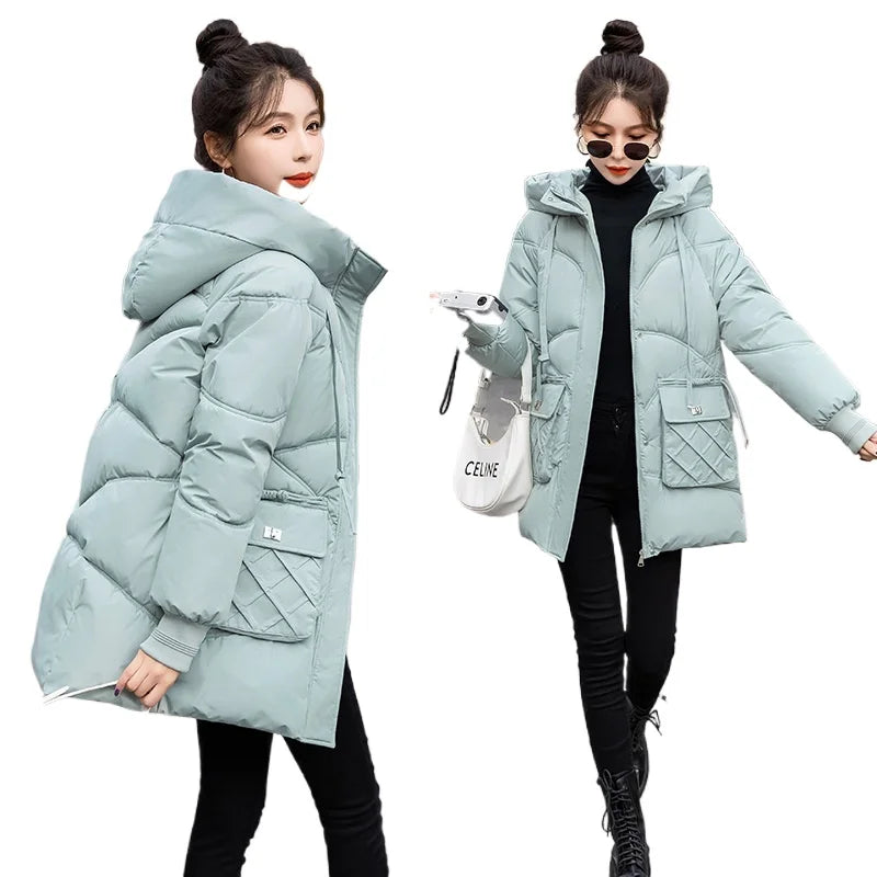 Amoura Elegance Women's 2024 Hooded Parka Winter Jacket – Thick Cotton Padded Long Warm Coat for Winter Weather