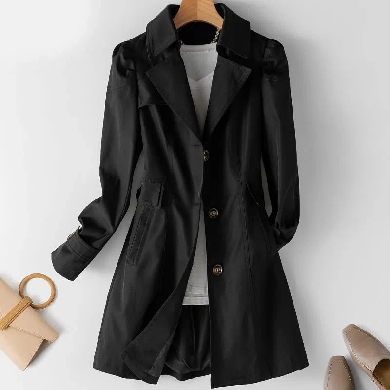 Amoura Elegance Spring Autumn Trench Coat: New 2024 Korean Mid-Long Overcoat in Khaki