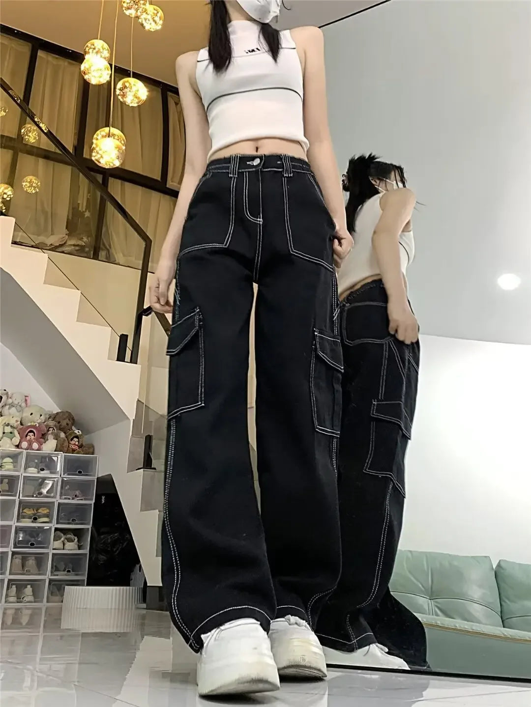 Amoura Elegance Women's 2024 Straight-Leg Loose-Fit High-Waisted Cargo Pants – Slimming, Petite-Friendly Wide-Leg Design for Spring & Autumn/Winter