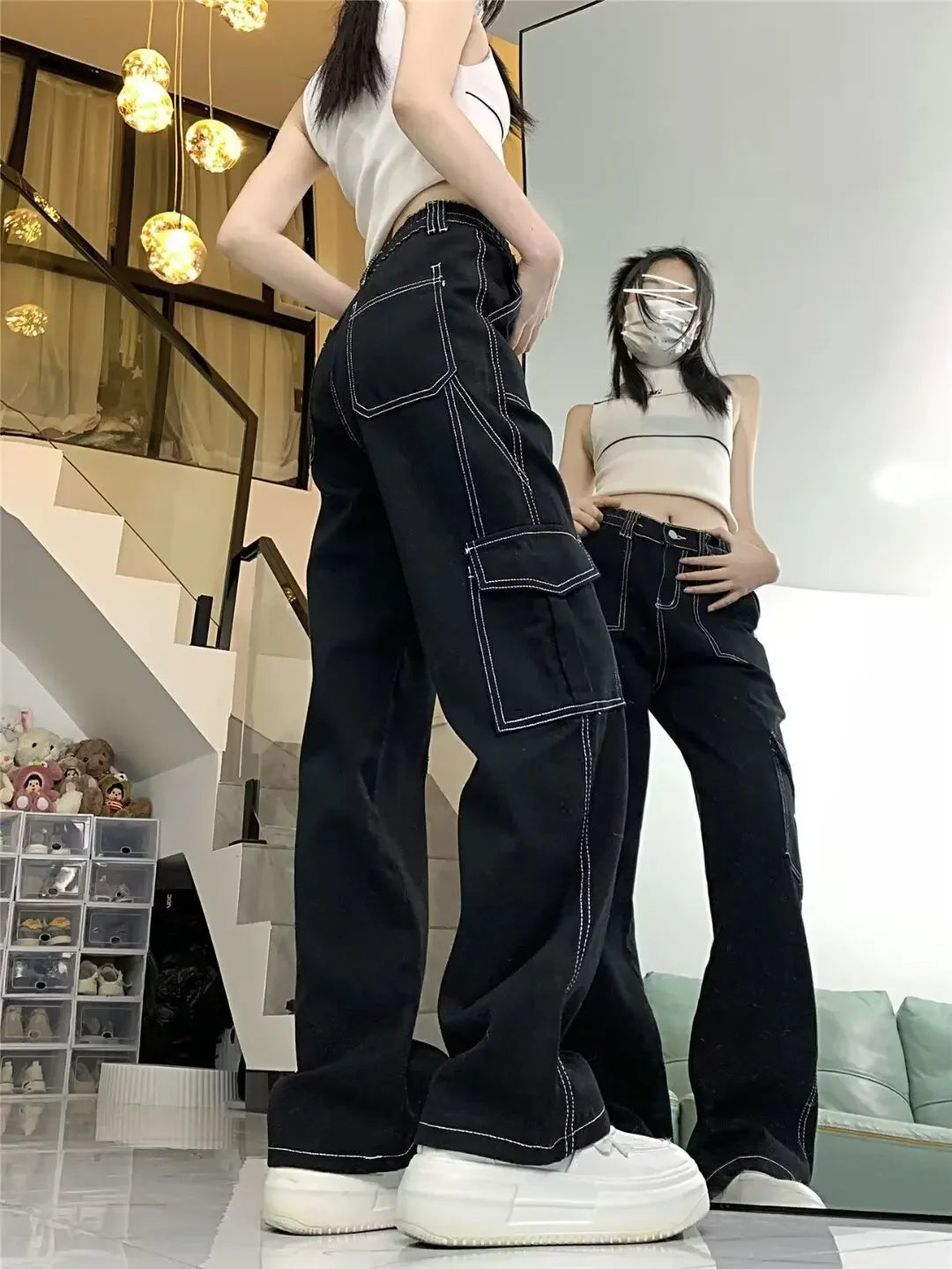 Amoura Elegance Women's 2024 Straight-Leg Loose-Fit High-Waisted Cargo Pants – Slimming, Petite-Friendly Wide-Leg Design for Spring & Autumn/Winter