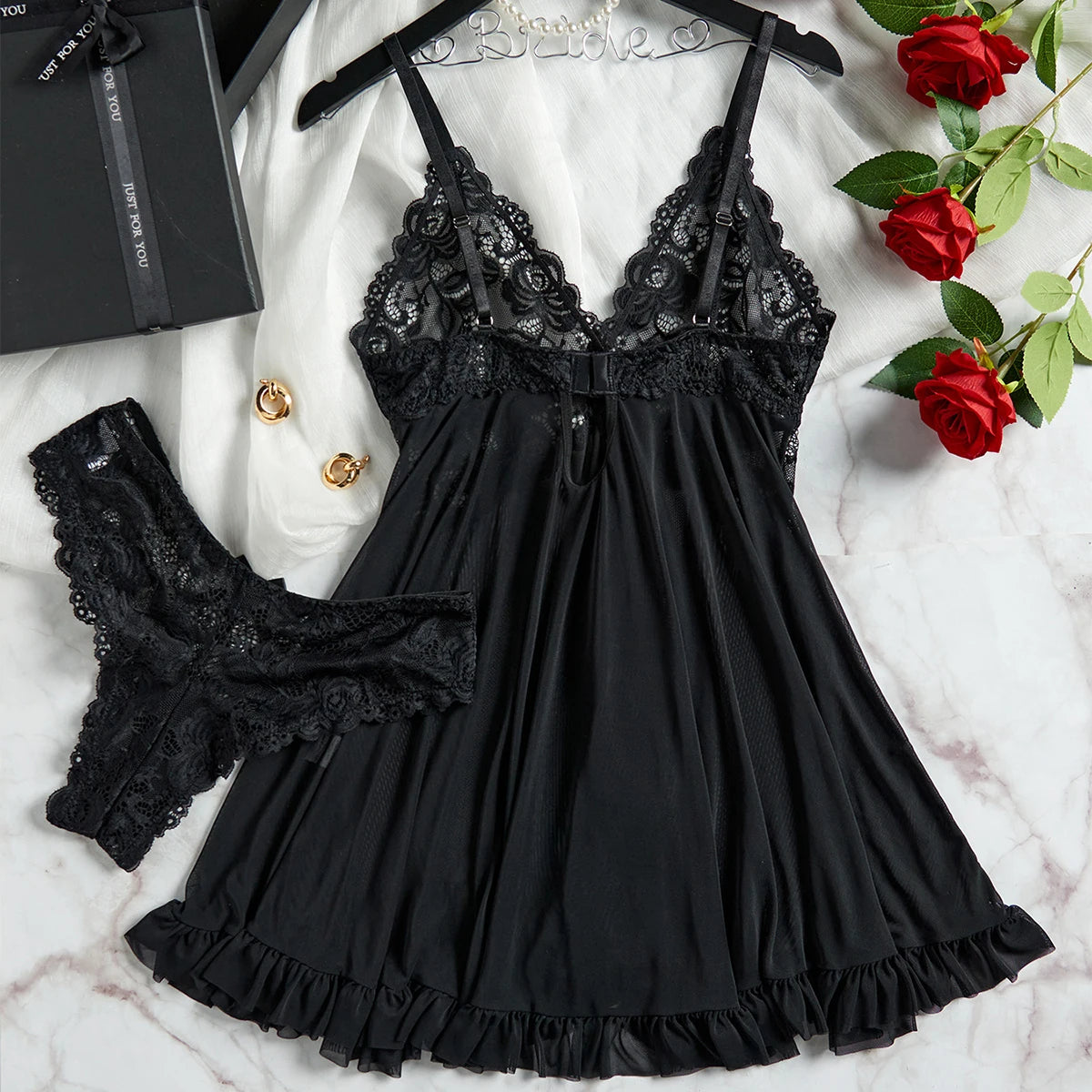 Amoura Elegance|Sexy Lace Chemise Nightdress - Plus Size Deep V Babydoll Lingerie & Sleepwear |