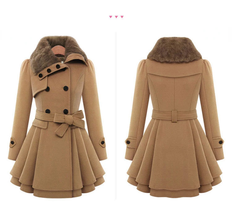 Amoura Elegance Women's Mid-Length Woolen Jacket – Double Breasted Thick Overcoat with Belt, Stylish and Warm Outerwear for Fall/Winter