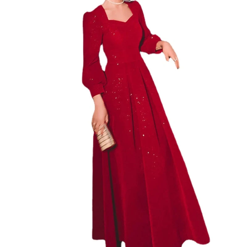 Temperament Dress Women's Solid Color Square Collar Long-Sleeved A-Line Long Skirt – Spring & Autumn Fashion - AMOURA ELEGANACE