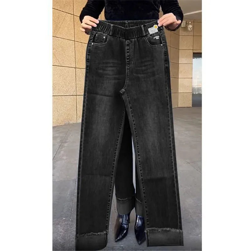 Women's Spring & Autumn Stretch Waist Straight Denim Pants – Large Size, Loose High-Waist Casual Jeans in Black & Blue | Amoura Elegance