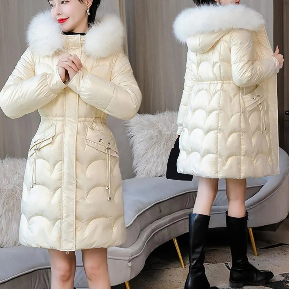 "Amoura Elegance Women's Winter Cotton Coat – Thickened Padded Faux Fur Hooded Mid-Length Slim Fit Windproof Outerwear for Cold Weather Comfort"