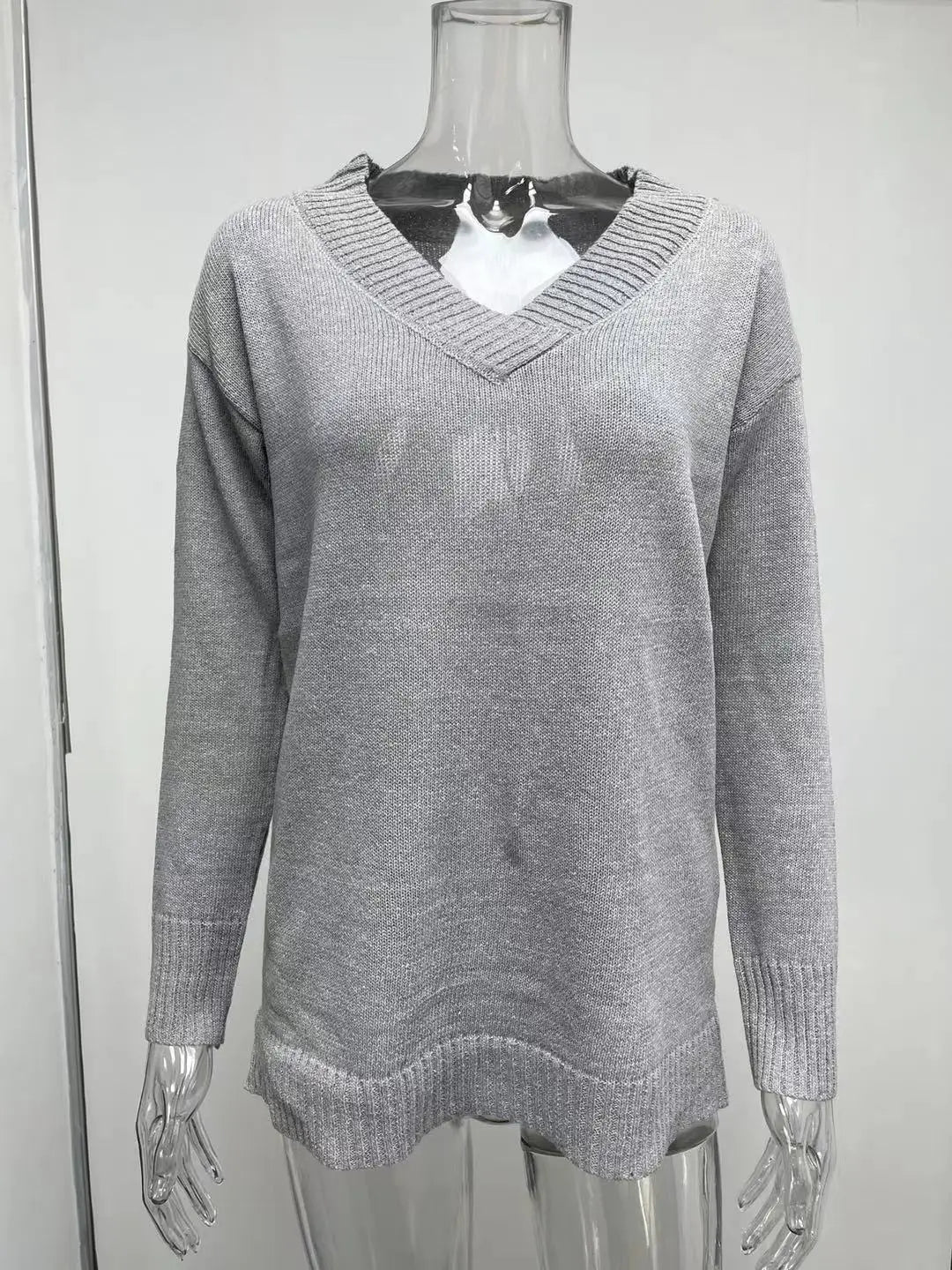 Amoura Elegance Fashion Europe and US 2024 Autumn/Winter Solid Color V-Neck Sweater Blouse – Casual Loose Fit Women's Top