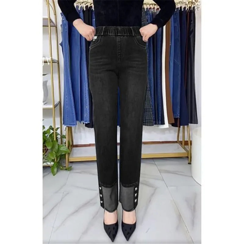 Women's Spring & Autumn Stretch Waist Straight Denim Pants – Large Size, Loose High-Waist Casual Jeans in Black & Blue | Amoura Elegance