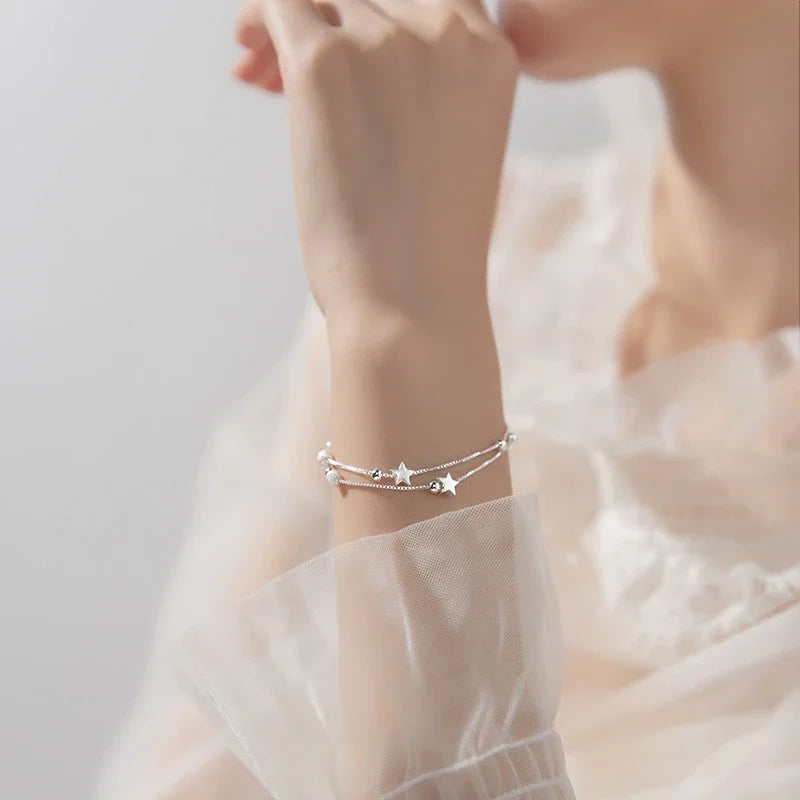 "AmouraElegance 925 Sterling Silver Stars Bracelet | Korean Fashion Designer Adjustable Bead Bracelet | Luxury Original Jewelry for Women"