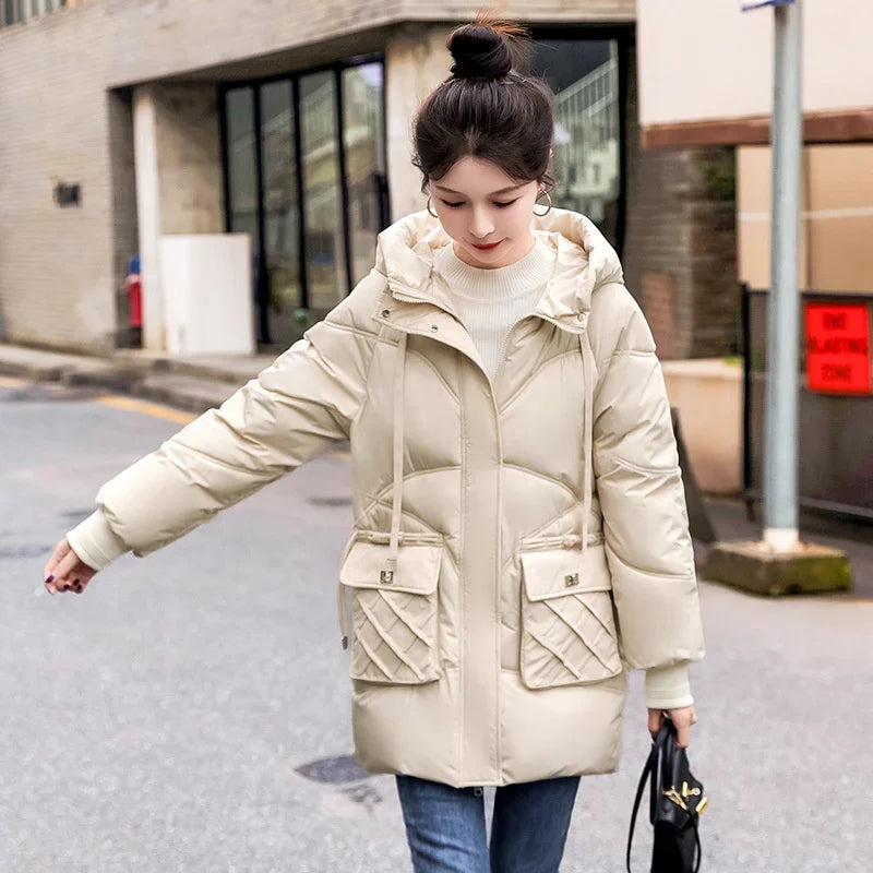Amoura Elegance Women's 2024 Hooded Parka Winter Jacket – Thick Cotton Padded Long Warm Coat for Winter Weather