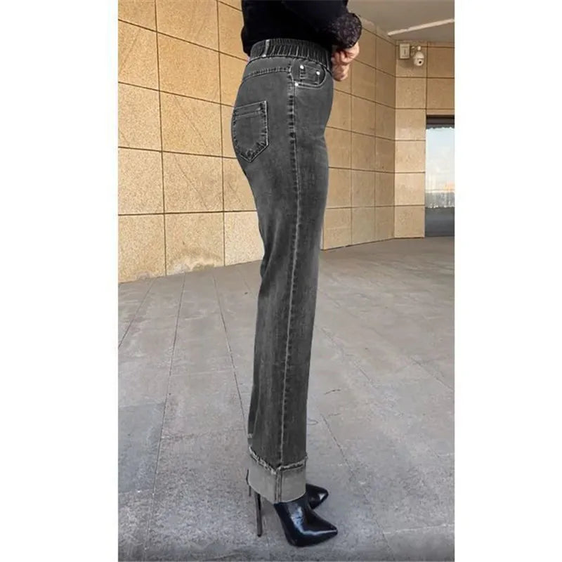 Women's Spring & Autumn Stretch Waist Straight Denim Pants – Large Size, Loose High-Waist Casual Jeans in Black & Blue | Amoura Elegance