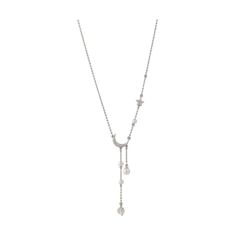 "Amoura Elegance Star Moon Imitation Pearl Tassel Chain Necklace – Light Luxury Clavicle Chain for Women, Party Jewelry"