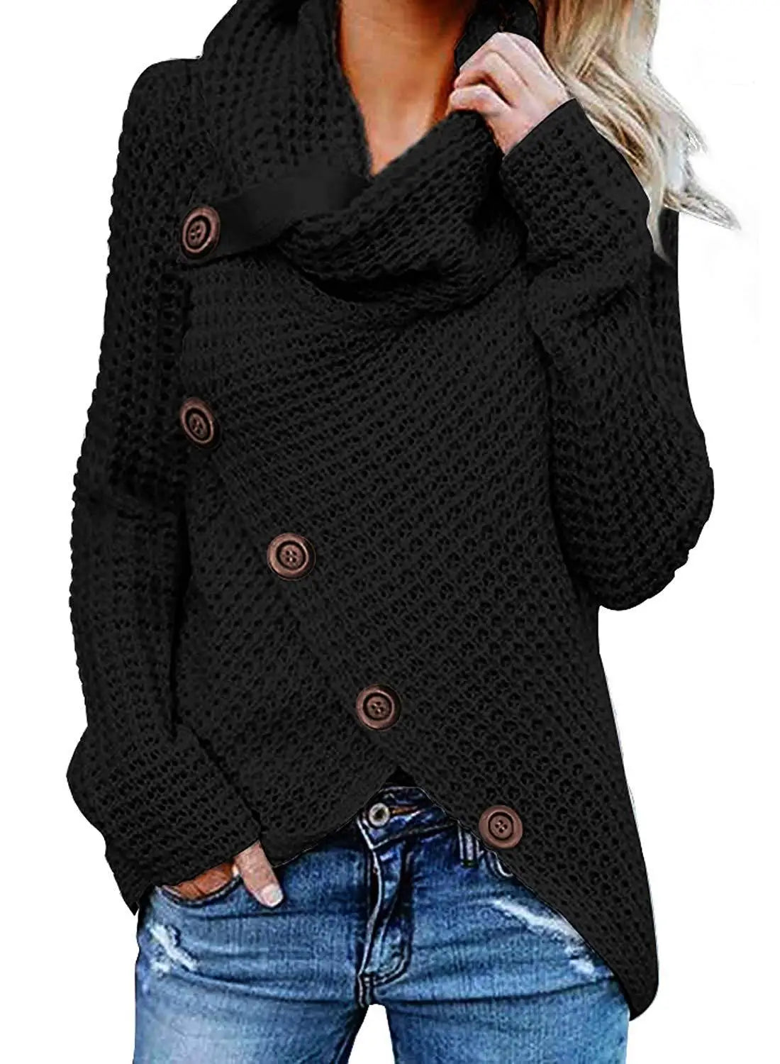 "Amoura Elegance Women's Turtleneck Knitted Sweater Autumn/Winter – Long Lantern Sleeve Five-Button Cardigan Coat, Oversized Fit S-5XL"