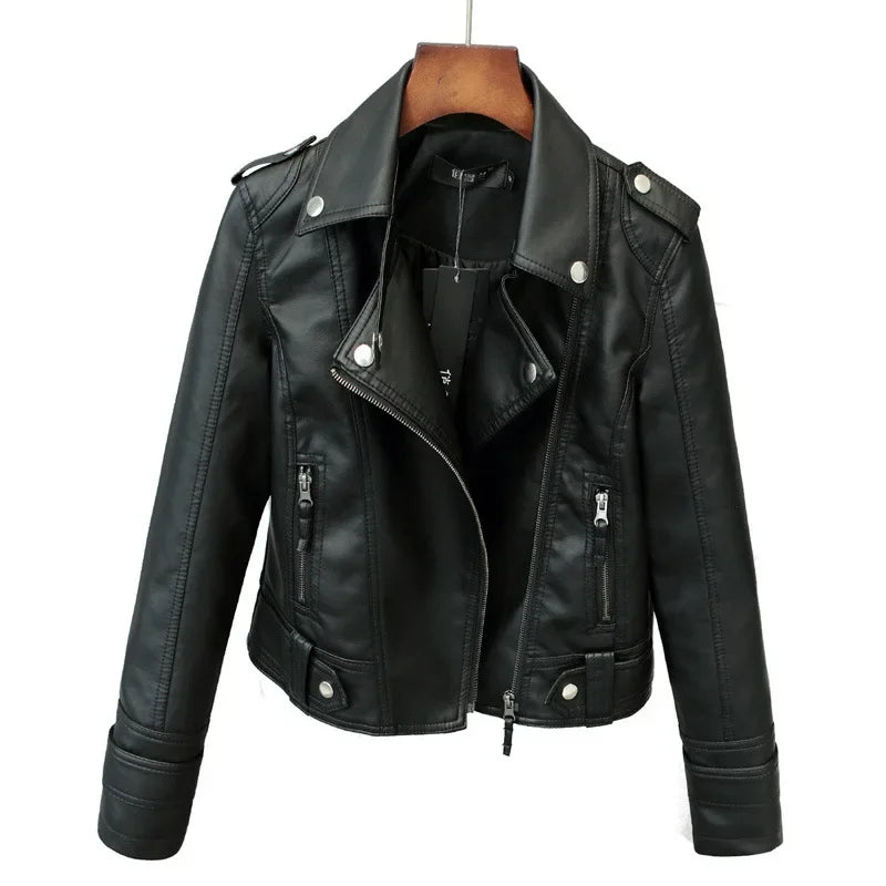 Amoura Elegance Korean Slim PU Leather Motorcycle Jacket – Women’s Short Coat for Spring, Autumn & Winter