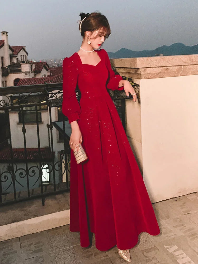 Temperament Dress Women's Solid Color Square Collar Long-Sleeved A-Line Long Skirt – Spring & Autumn Fashion - AMOURA ELEGANACE