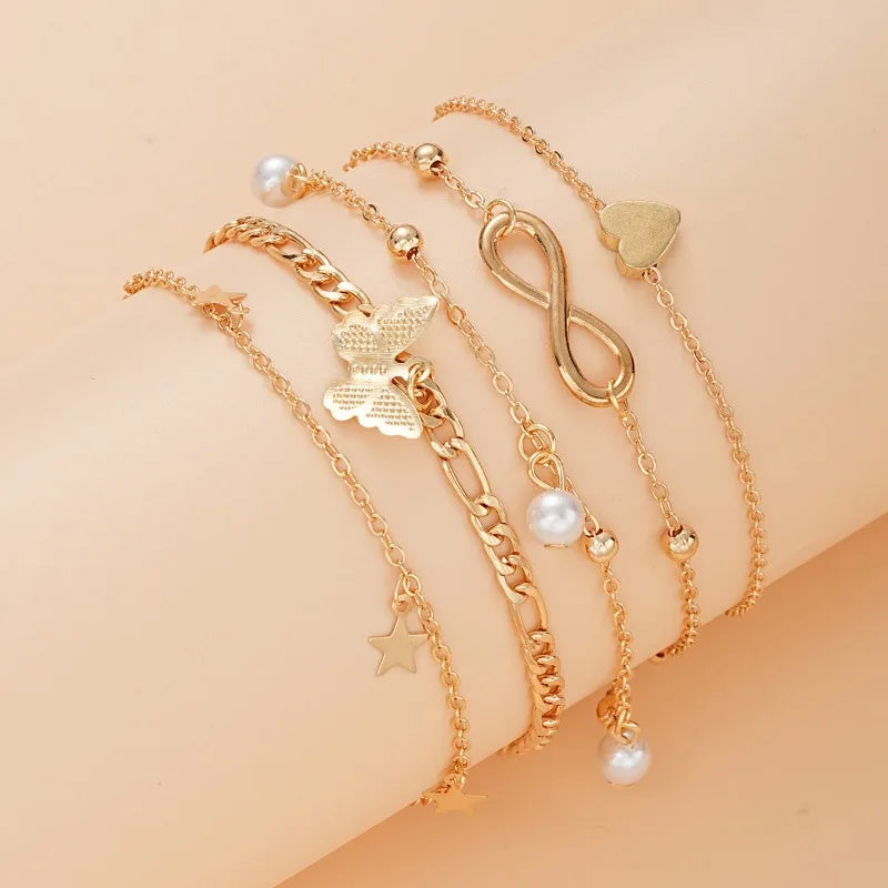 "AmouraElegance 5Pcs Bohemian Pineapple Pearl Anklet for Women | Fashion Simple Temperament Infinite Ankle Bracelets | Jewelry Star Anklets"