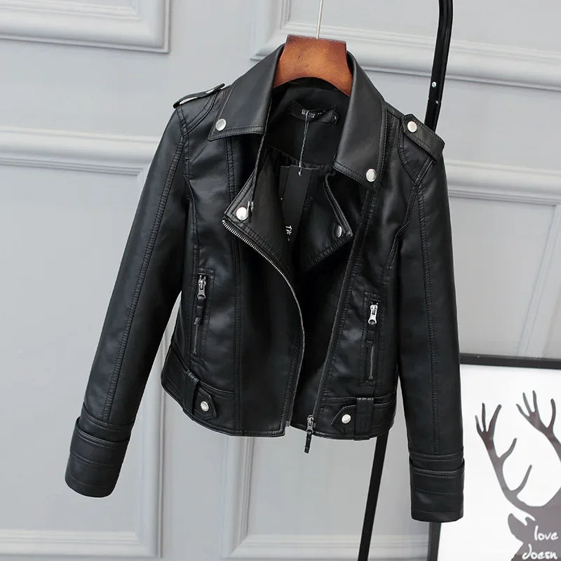 Amoura Elegance Korean Slim PU Leather Motorcycle Jacket – Women’s Short Coat for Spring, Autumn & Winter