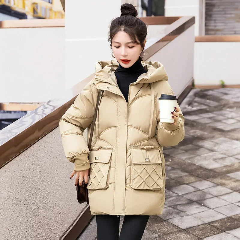 Amoura Elegance Women's 2024 Hooded Parka Winter Jacket – Thick Cotton Padded Long Warm Coat for Winter Weather