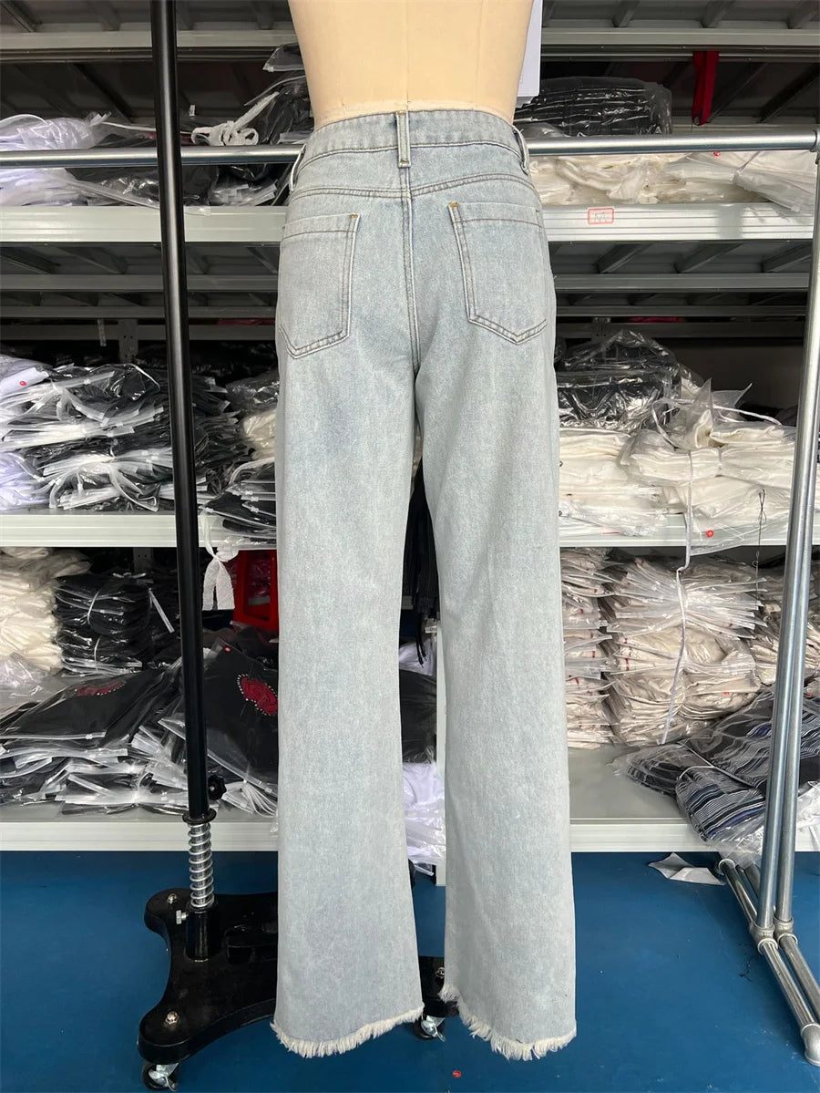 Amoura Elegance Women's Crystal Chain Y2K Wide Leg Baggy Jeans – High Waist Hollow Out Denim Trousers with Side Split