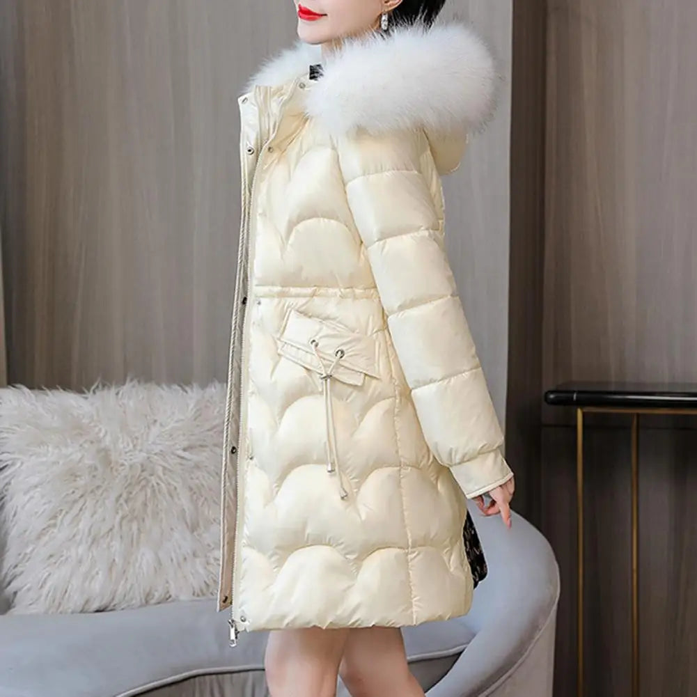 "Amoura Elegance Women's Winter Cotton Coat – Thickened Padded Faux Fur Hooded Mid-Length Slim Fit Windproof Outerwear for Cold Weather Comfort"