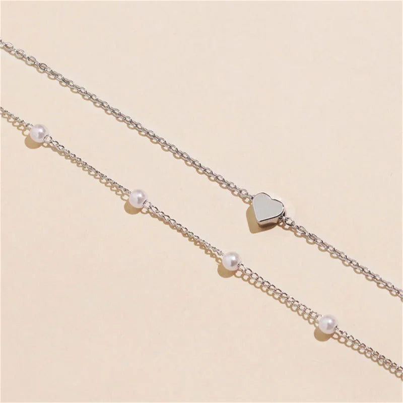 "AmouraElegance Simple Pearl Choker Necklace for Women | Fashion Double Layer Chain with Small Love Heart Pendant | Wholesale Jewelry Gift"