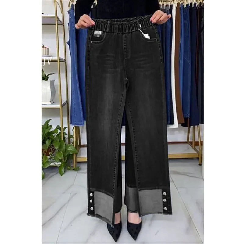 Women's Spring & Autumn Stretch Waist Straight Denim Pants – Large Size, Loose High-Waist Casual Jeans in Black & Blue | Amoura Elegance