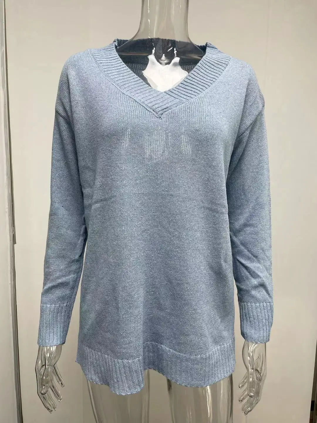 Amoura Elegance Fashion Europe and US 2024 Autumn/Winter Solid Color V-Neck Sweater Blouse – Casual Loose Fit Women's Top