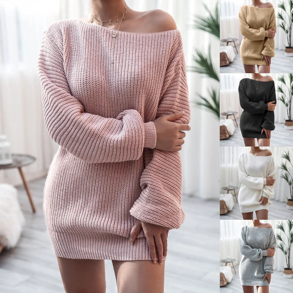 "Amoura Elegance Women's Autumn/Winter Long-Sleeved Line Neck Casual Loose Sweater Dress – Stylish & Comfortable for Everyday Wear"