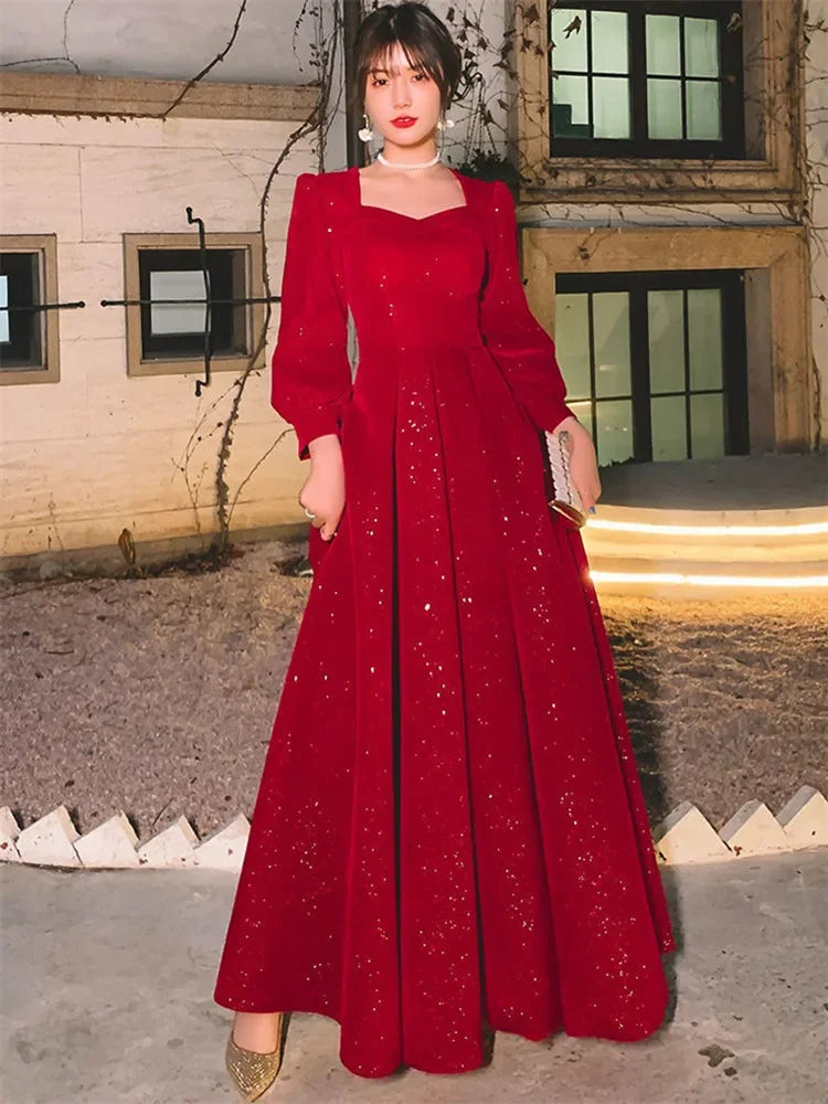 Temperament Dress Women's Solid Color Square Collar Long-Sleeved A-Line Long Skirt – Spring & Autumn Fashion - AMOURA ELEGANACE