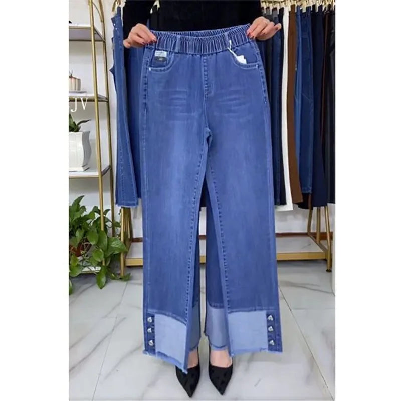 Women's Spring & Autumn Stretch Waist Straight Denim Pants – Large Size, Loose High-Waist Casual Jeans in Black & Blue | Amoura Elegance
