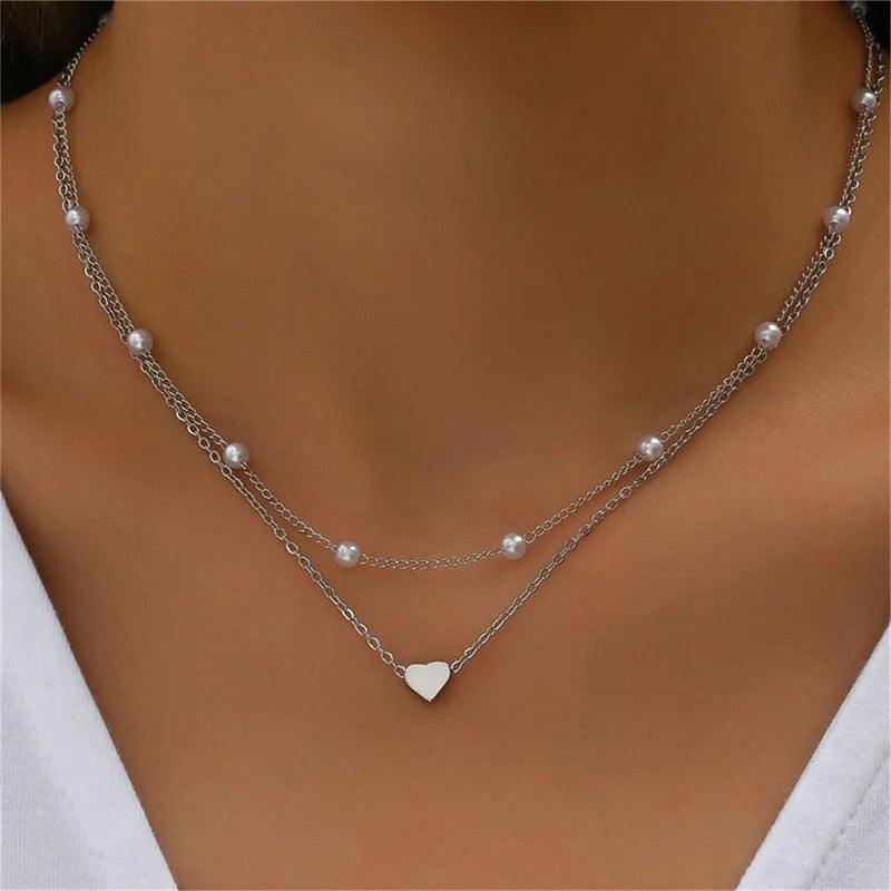 "AmouraElegance Simple Pearl Choker Necklace for Women | Fashion Double Layer Chain with Small Love Heart Pendant | Wholesale Jewelry Gift"
