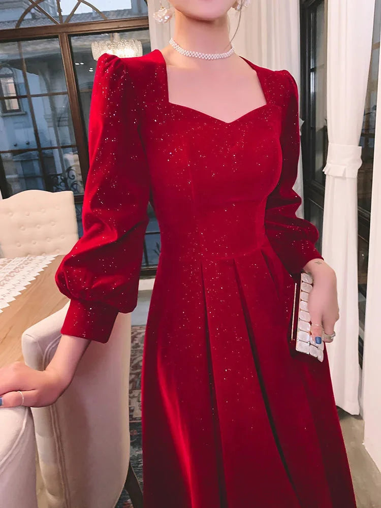 Temperament Dress Women's Solid Color Square Collar Long-Sleeved A-Line Long Skirt – Spring & Autumn Fashion - AMOURA ELEGANACE