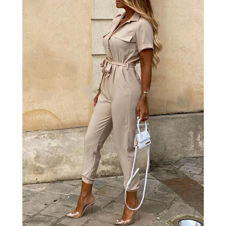 Amoura Elegance European & American Women's Casual Lapel Buckle Printed Belt Cargo Jumpsuit – Stylish Utility Fashion