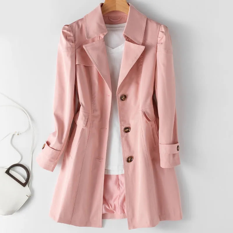 Amoura Elegance Spring Autumn Trench Coat: New 2024 Korean Mid-Long Overcoat in Khaki