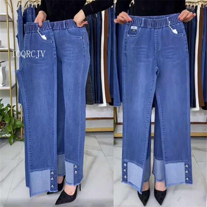 Women's Spring & Autumn Stretch Waist Straight Denim Pants – Large Size, Loose High-Waist Casual Jeans in Black & Blue | Amoura Elegance