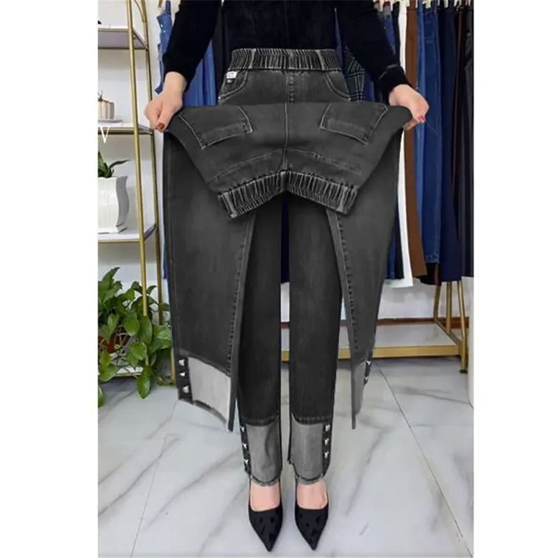 Women's Spring & Autumn Stretch Waist Straight Denim Pants – Large Size, Loose High-Waist Casual Jeans in Black & Blue | Amoura Elegance