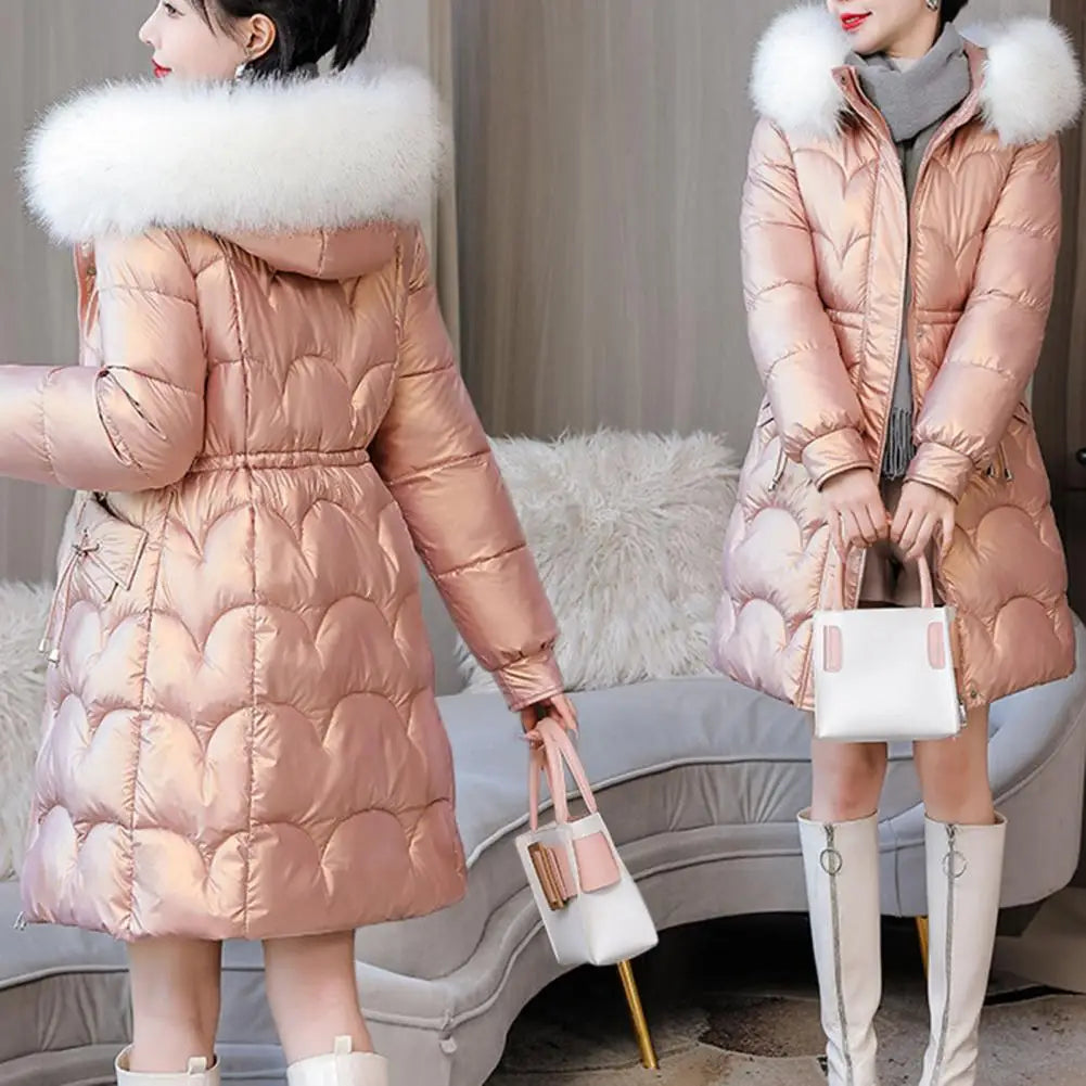 "Amoura Elegance Women's Winter Cotton Coat – Thickened Padded Faux Fur Hooded Mid-Length Slim Fit Windproof Outerwear for Cold Weather Comfort"