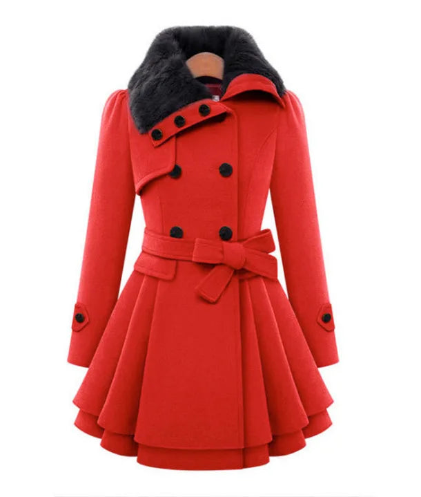Amoura Elegance Women's Mid-Length Woolen Jacket – Double Breasted Thick Overcoat with Belt, Stylish and Warm Outerwear for Fall/Winter