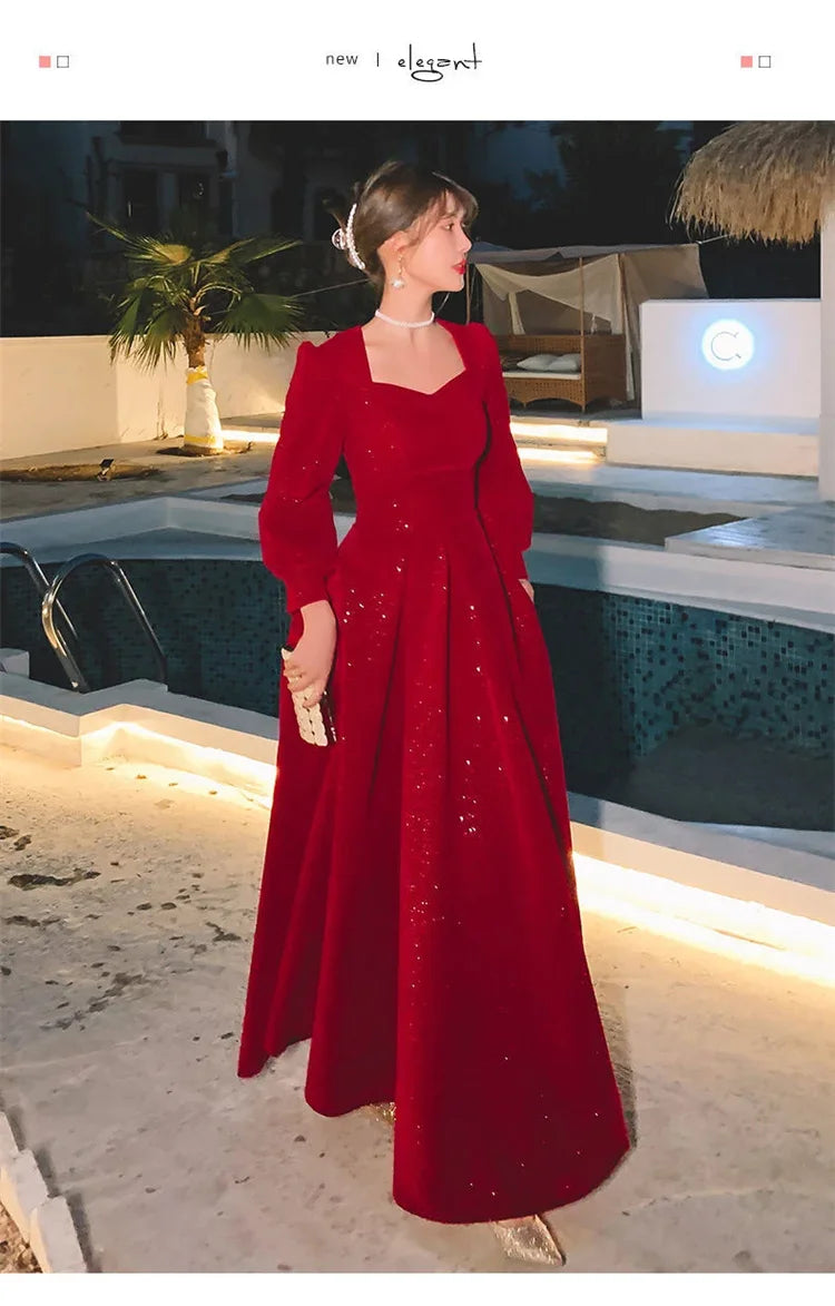 Temperament Dress Women's Solid Color Square Collar Long-Sleeved A-Line Long Skirt – Spring & Autumn Fashion - AMOURA ELEGANACE