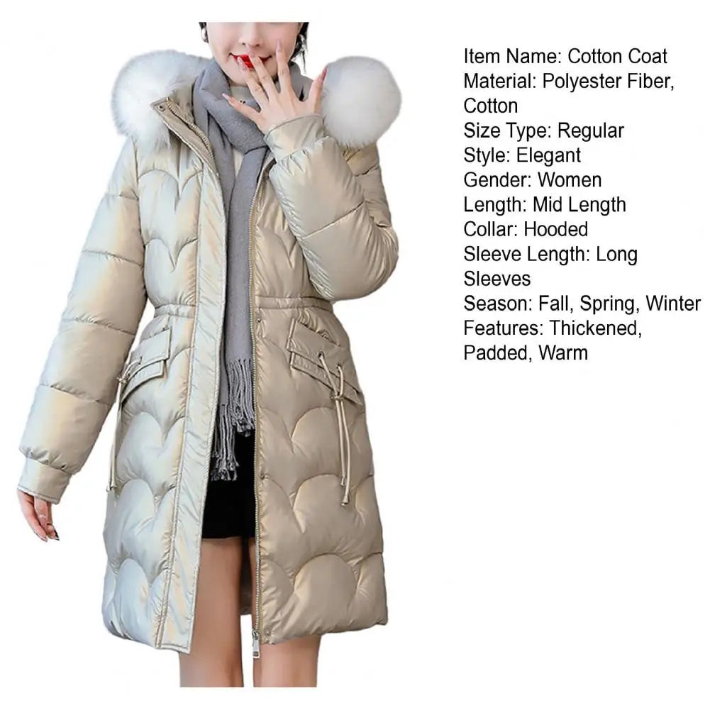 "Amoura Elegance Women's Winter Cotton Coat – Thickened Padded Faux Fur Hooded Mid-Length Slim Fit Windproof Outerwear for Cold Weather Comfort"